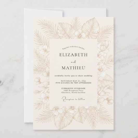 Invitation Mariage feuille tropicale champagne (Devant)
