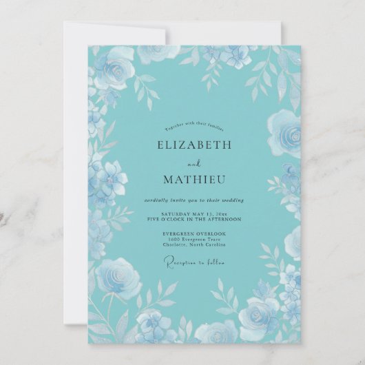Invitation Mariage Feuille Turquoise Glacé (Devant)