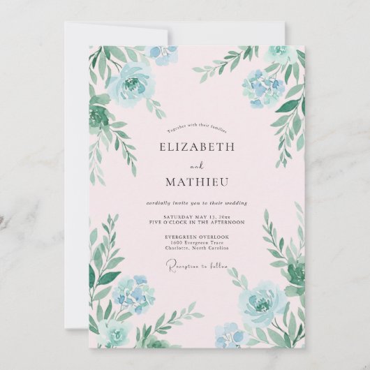 Invitation Mariage Feuille Vert Clair Aqua Peint à la Main (Devant)