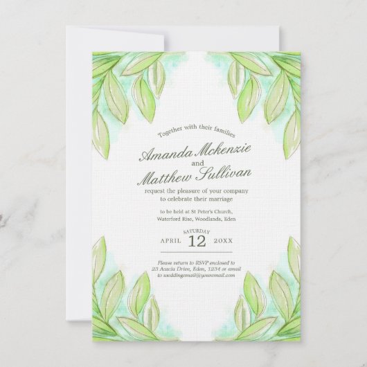 Invitation Mariage feuille vert de printemps frais (Devant)