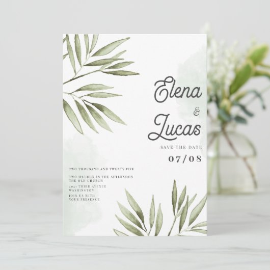 Invitation Mariage feuille  vert forêt (Debout devant)