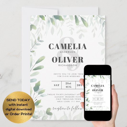 Invitation Mariage Feuille vert moderne QR Codé RSVP