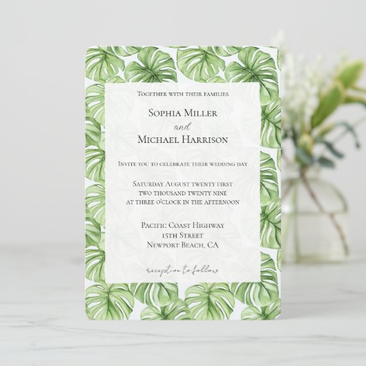 Invitation Mariage Feuille vert tropical (Debout devant)