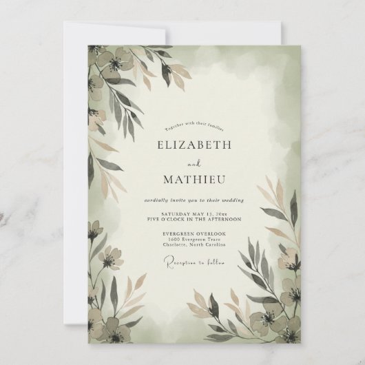Invitation Mariage Feuille Verte Grise (Devant)