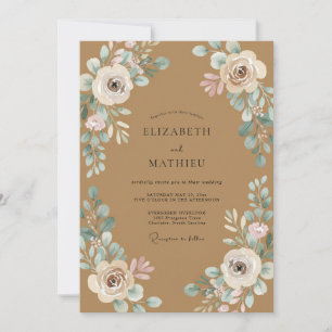Invitation Mariage Feuilles Aqua Brun Clair