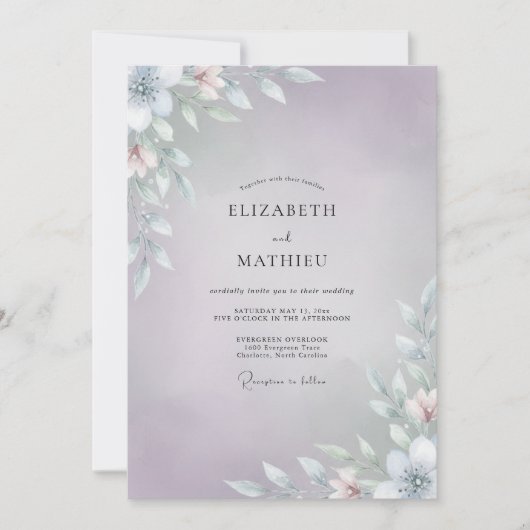 Invitation Mariage Feuilles Argentées Pervenche (Devant)