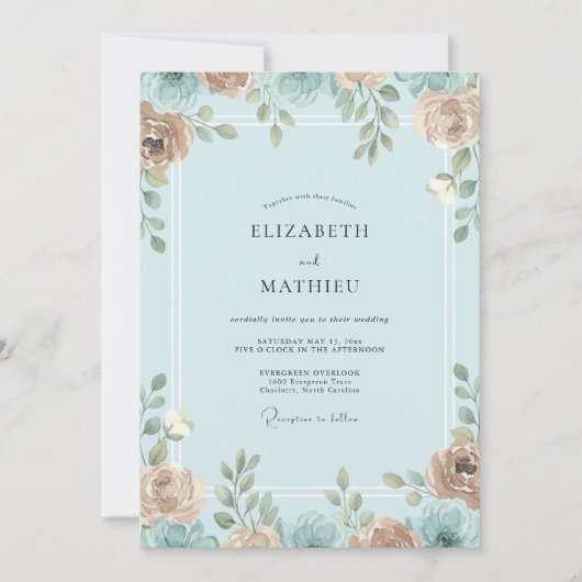 Invitation Mariage Feuilles Azur Abricot (Devant)