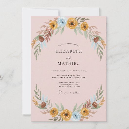 Invitation Mariage Feuilles Azur Ochre (Devant)