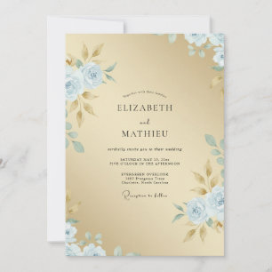 Invitation Mariage Feuilles Bleu Poudre Champagne