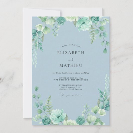 Invitation Mariage Feuilles Bleu Poudre d'Acier (Devant)
