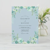 Invitation Mariage Feuilles Bleu Poudre d'Acier (Debout devant)