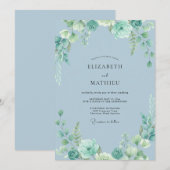 Invitation Mariage Feuilles Bleu Poudre d'Acier (Devant / Derrière)