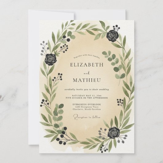 Invitation Mariage Feuilles Charbon Champagne (Devant)