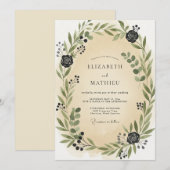 Invitation Mariage Feuilles Charbon Champagne (Devant / Derrière)