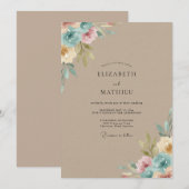 Invitation Mariage Feuilles Cyan Sableux (Devant / Derrière)