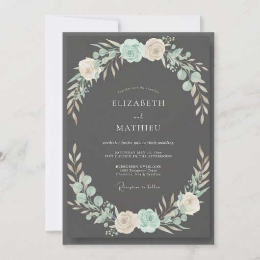 Invitation Mariage Feuilles d'Aqua Charbon (Devant)