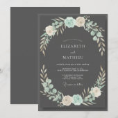 Invitation Mariage Feuilles d'Aqua Charbon (Devant / Derrière)