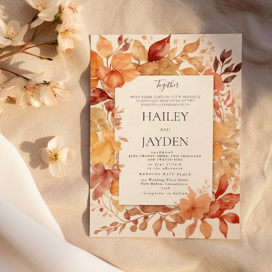 Invitation Mariage feuilles d'automne or ivoire bordeaux oran
