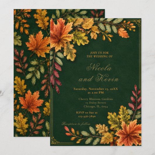 Invitation Mariage Feuilles d'Automne Vert Forêt (Devant / Derrière)