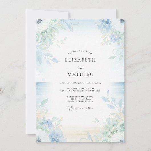 Invitation Mariage Feuilles de Céladon Pervenche (Devant)
