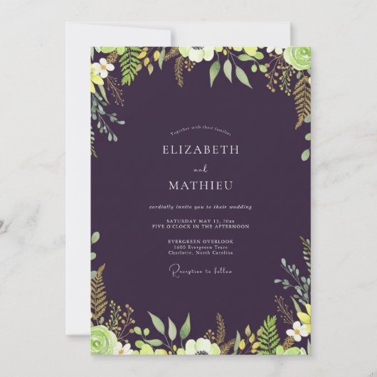 Invitation Mariage Feuilles de Chartreuse Aubergine (Devant)