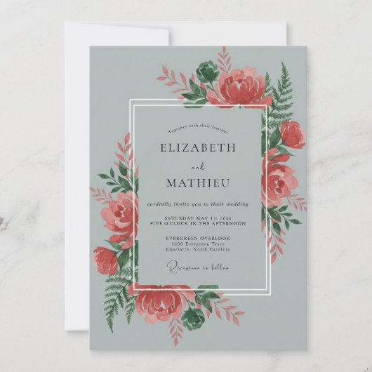 Invitation Mariage Feuilles de Corail Ardoise (Devant)