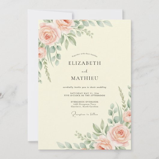 Invitation Mariage Feuilles de Crème de Pêche (Devant)