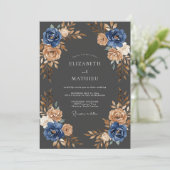 Invitation Mariage Feuilles de Cuivre Navy (Debout devant)