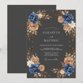 Invitation Mariage Feuilles de Cuivre Navy (Devant / Derrière)