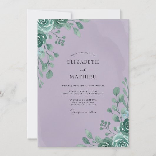 Invitation Mariage Feuilles de Menthe Lilas (Devant)