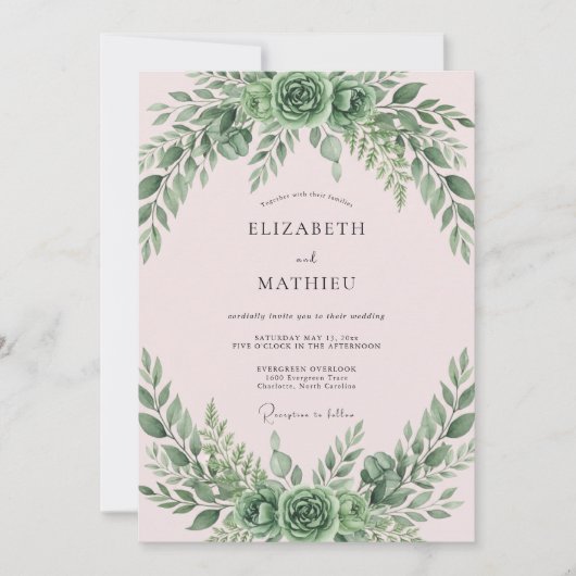 Invitation Mariage Feuilles de mousse rose (Devant)