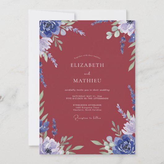 Invitation Mariage Feuilles de Pervenche Bordeaux (Devant)