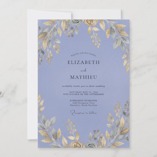 Invitation Mariage Feuilles de Pervenche Ocres (Devant)