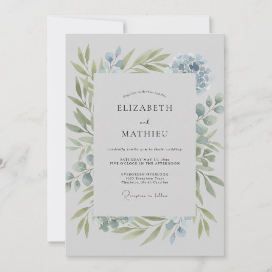 Invitation Mariage Feuilles de poudre azurée intemporelle (Devant)