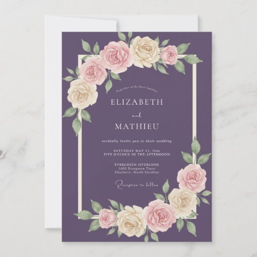 Invitation Mariage Feuilles de Rose Améthyste (Devant)