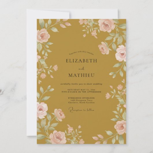 Invitation Mariage Feuilles de Rose Moutarde (Devant)