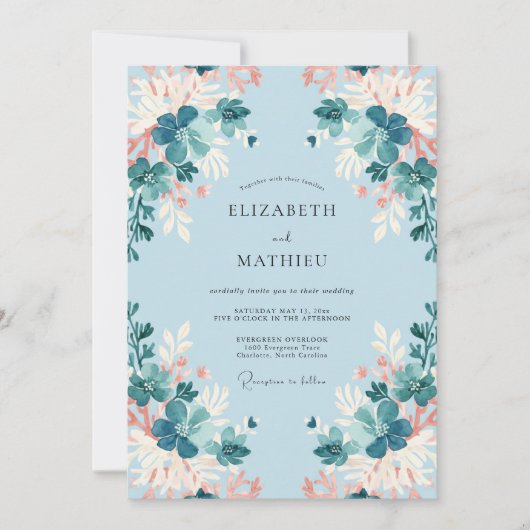 Invitation Mariage Feuilles de sarcelle azur (Devant)
