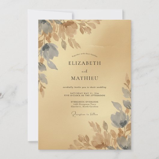 Invitation Mariage Feuilles de Slate Doré (Devant)
