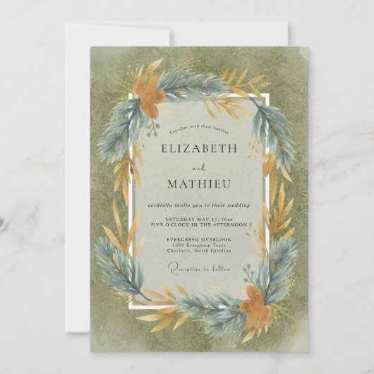 Invitation Mariage Feuilles de Slate Olive (Devant)