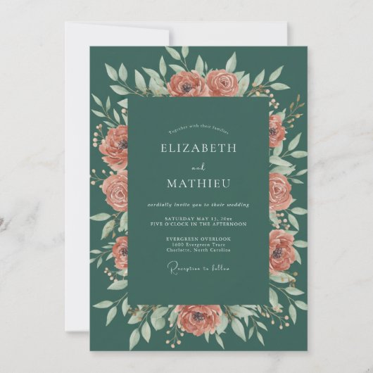 Invitation Mariage Feuilles de Terracotta Chaudes et Sarcelle (Devant)