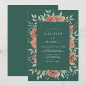 Invitation Mariage Feuilles de Terracotta Chaudes et Sarcelle (Devant / Derrière)