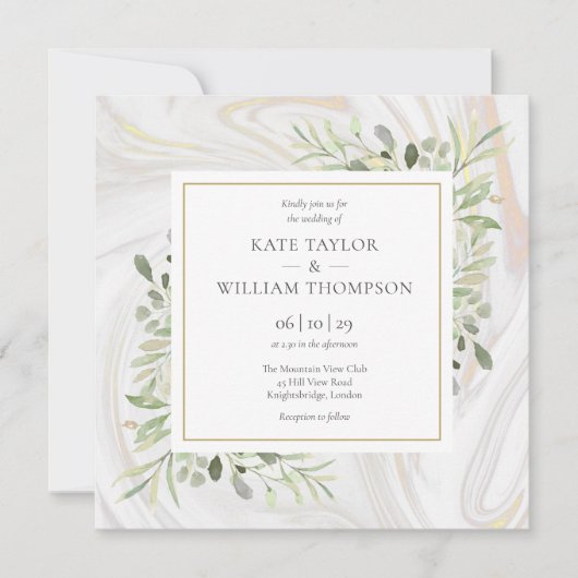 Invitation Mariage Feuilles de verdure Marbre Or Rose (Devant)