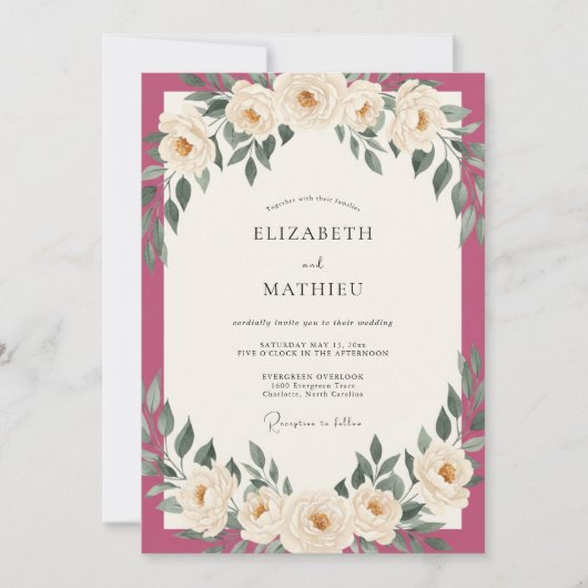 Invitation Mariage Feuilles d'Ivoire Magenta (Devant)