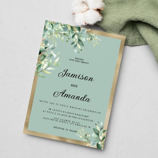 Invitation Mariage feuilles d'olive eucalyptus or mint rustiq