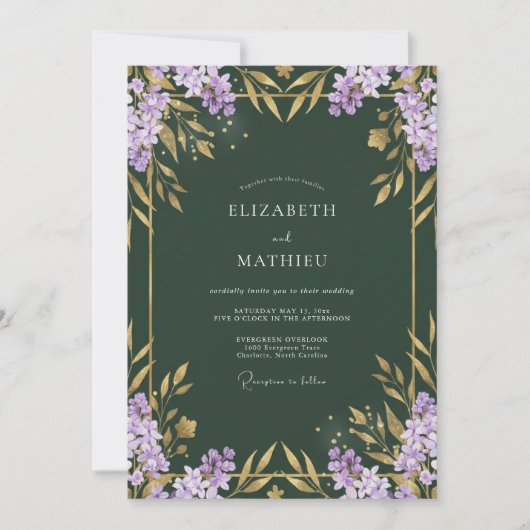 Invitation Mariage Feuilles Dorées Lilas (Devant)