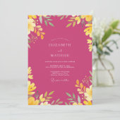 Invitation Mariage Feuilles Dorées Magenta (Debout devant)