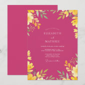 Invitation Mariage Feuilles Dorées Magenta (Devant / Derrière)
