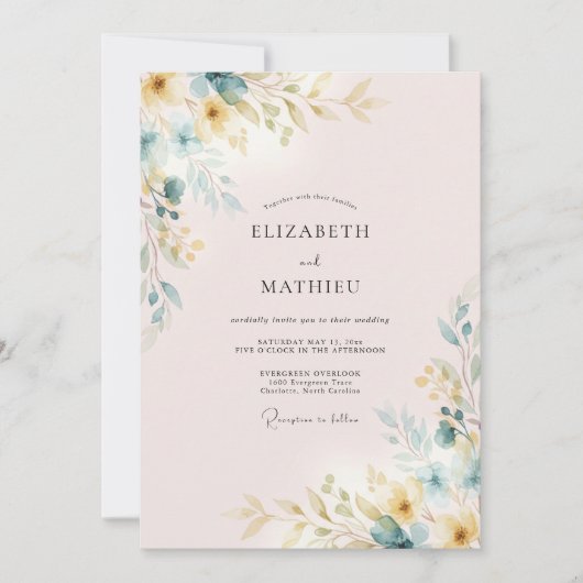 Invitation Mariage Feuilles Dorées Rose Pâle (Devant)