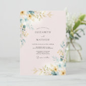Invitation Mariage Feuilles Dorées Rose Pâle (Debout devant)