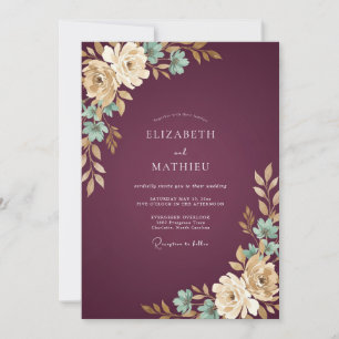 Invitation Mariage Feuilles Dorées Vin